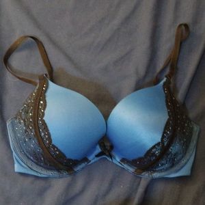 Very sexy Victoria's secret pushup bra blue black rhinestone lace bow underwire